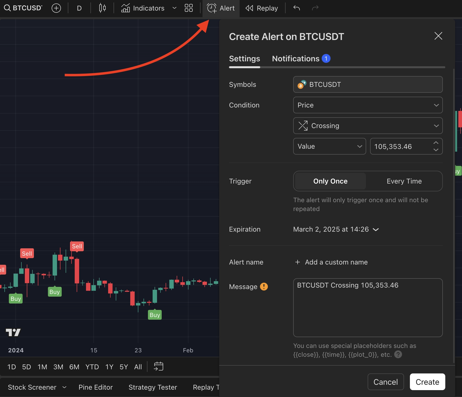 add a new alert in tradingview