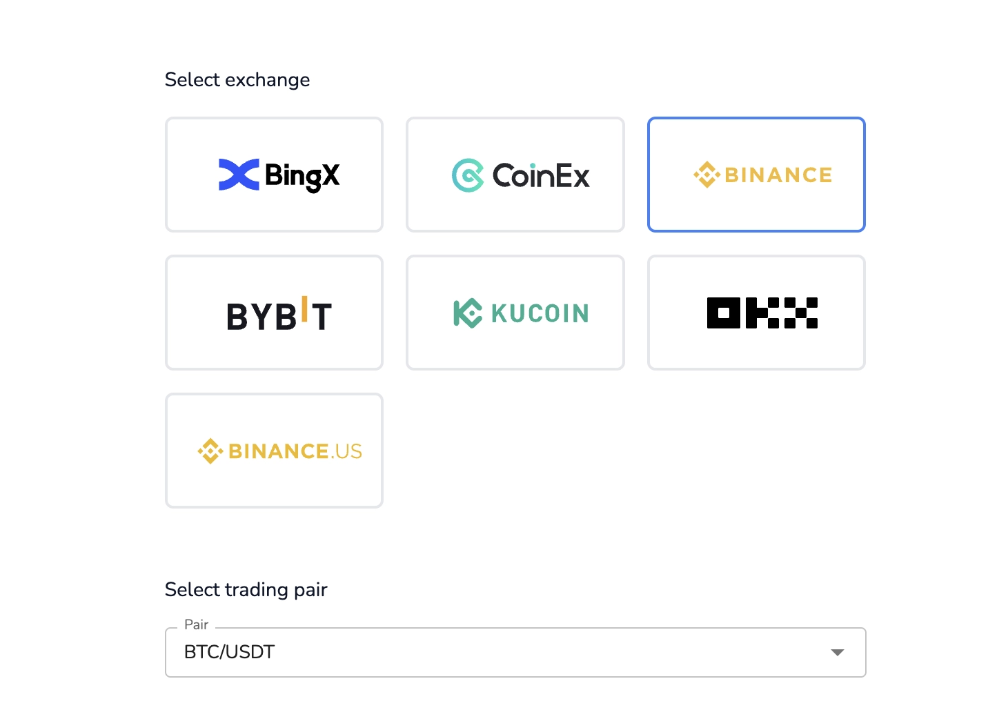 Select exchange and trading pair for automating tradingview signals