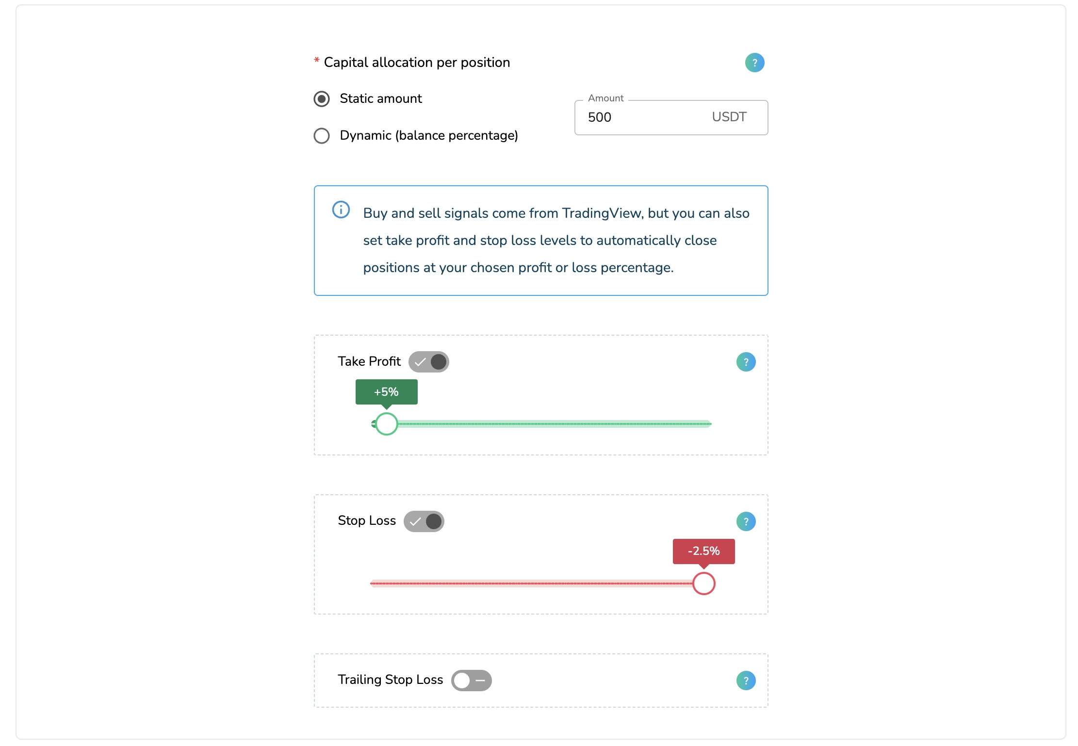 choose capital allocation for the tradingview bot